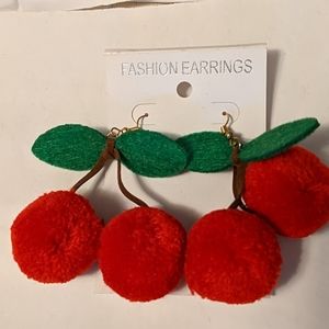New in package cherry pom pom dangle earrings